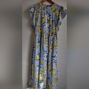 Ann Taylor Lemon Print Ruffle Cotton Maxi Dress